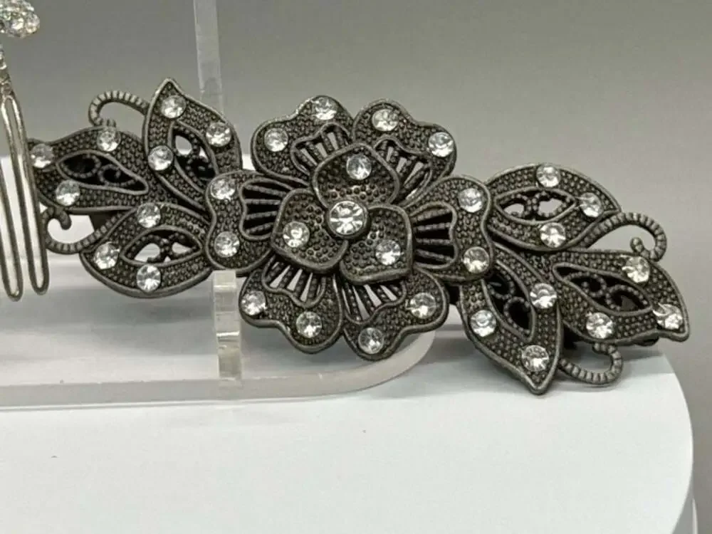 Vtg Decorative Daisy Hair Comb & Floral Rhinestone Hair Clip Lot Wedding Bridal